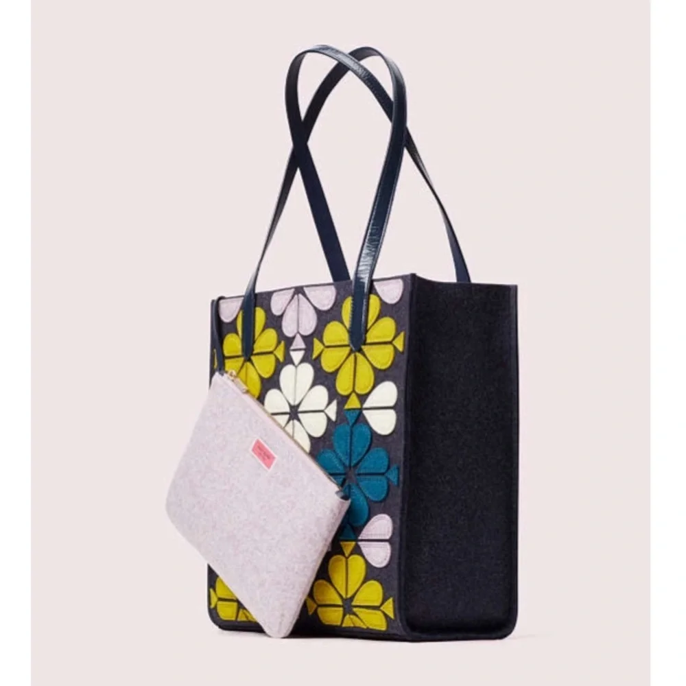 KATE SPADE Blue Purple Kitt North South Floral Felt Tote Bag & Matching Pouch